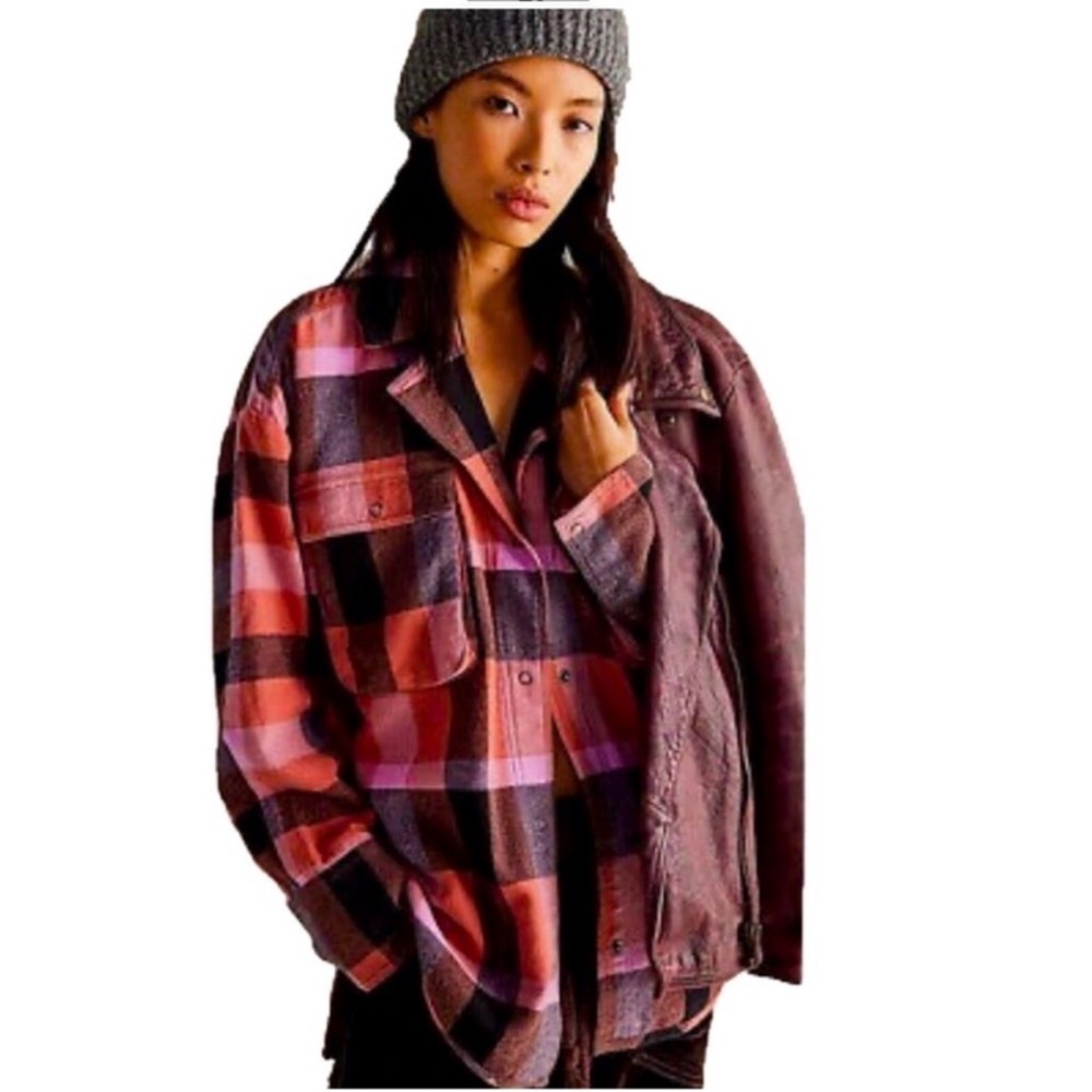 NWOT Free People We The Free Cargo Shirt Plaid Flannel Red Brick Combo M